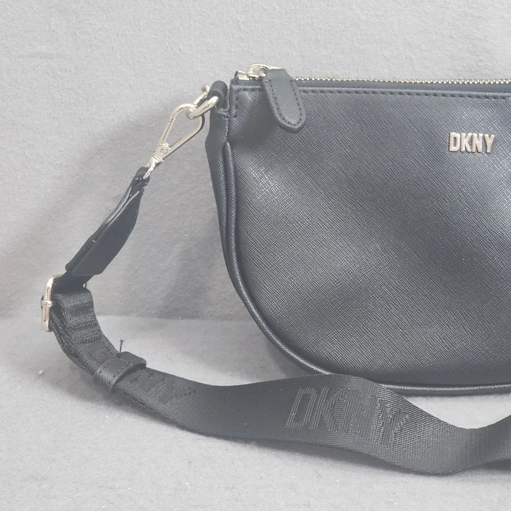 DKNY Crossbody Bag Black Saffiano Leather Logo Strap Coin Purse Womens Small